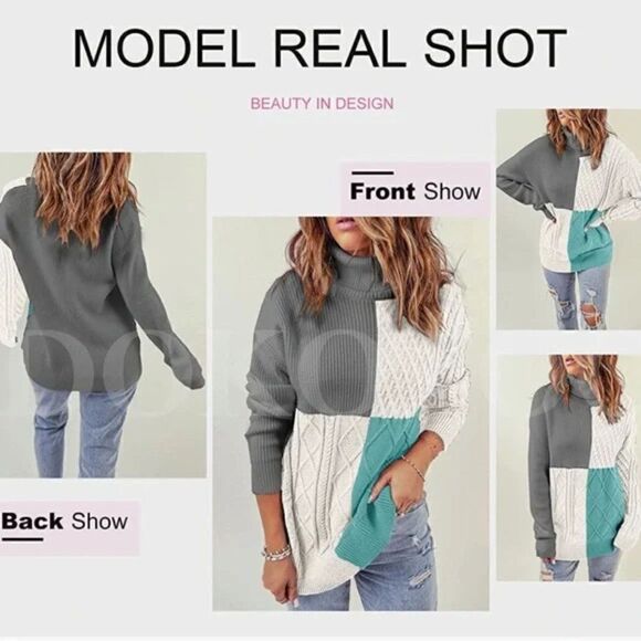 New Turtleneck Color Block Cable Knit Pullover Sweater - Picture 3 of 4